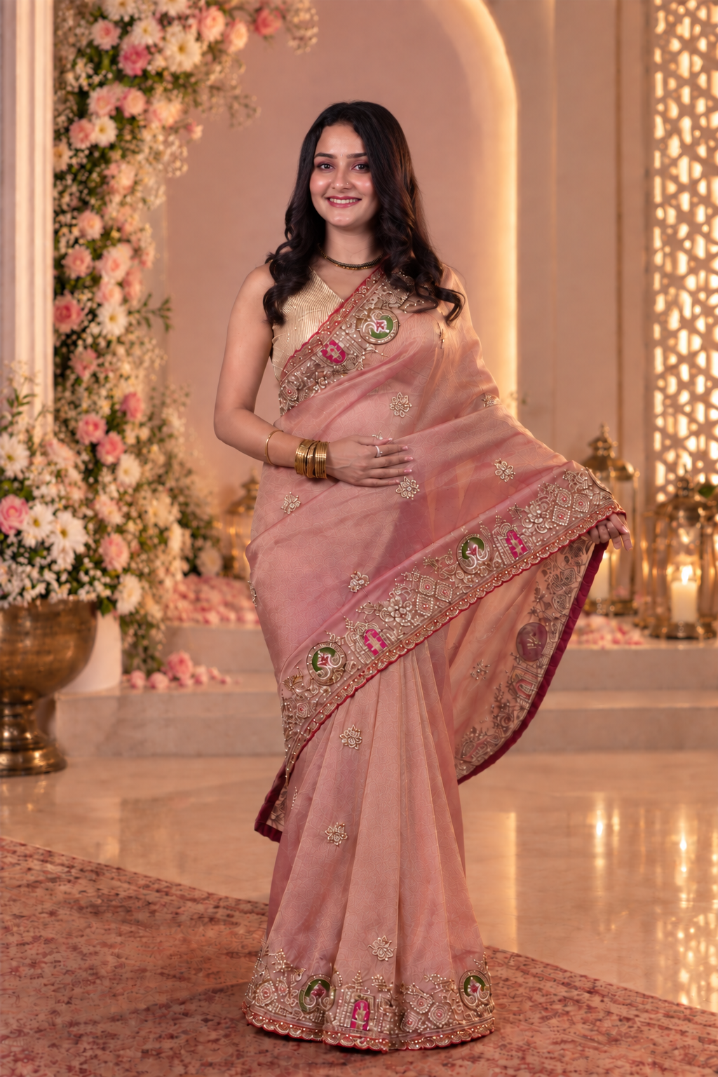 Blush Pink Metallic Tissue Saree with Heavy Zardozi Embroidery