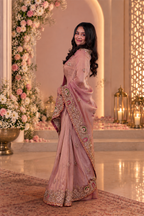 Blush Pink Metallic Tissue Saree with Heavy Zardozi Embroidery