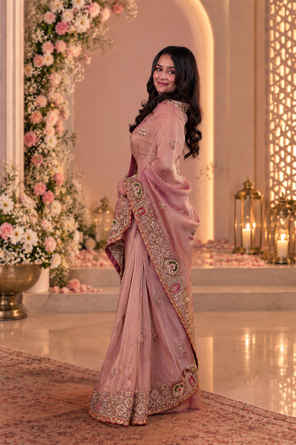 Blush Pink Metallic Tissue Saree with Heavy Zardozi Embroidery