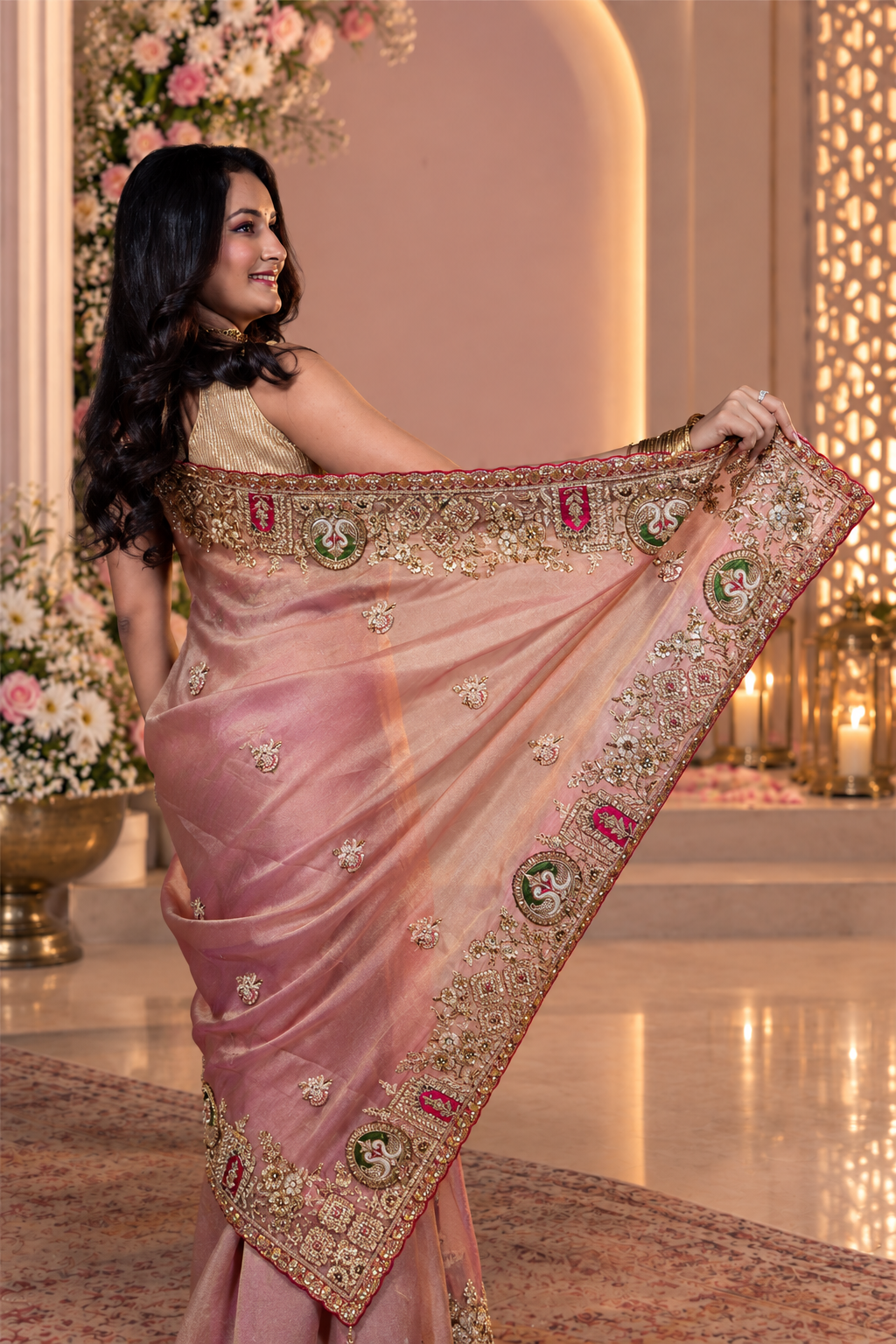 Blush Pink Metallic Tissue Saree with Heavy Zardozi Embroidery