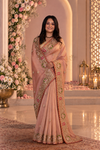 Blush Pink Metallic Tissue Saree with Heavy Zardozi Embroidery