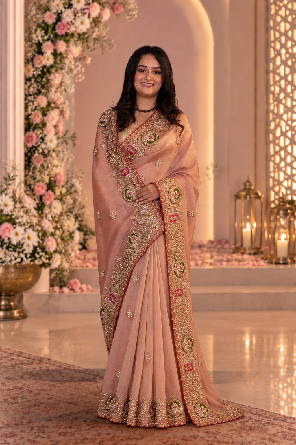 Blush Pink Metallic Tissue Saree with Heavy Zardozi Embroidery