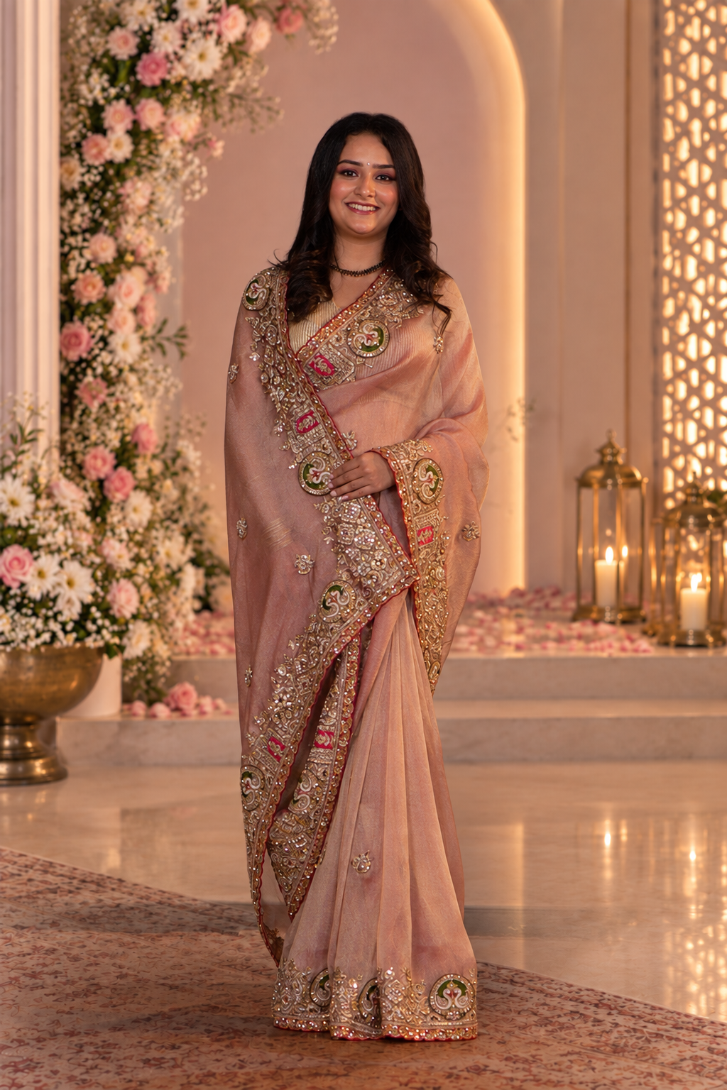 Blush Pink Metallic Tissue Saree with Heavy Zardozi Embroidery