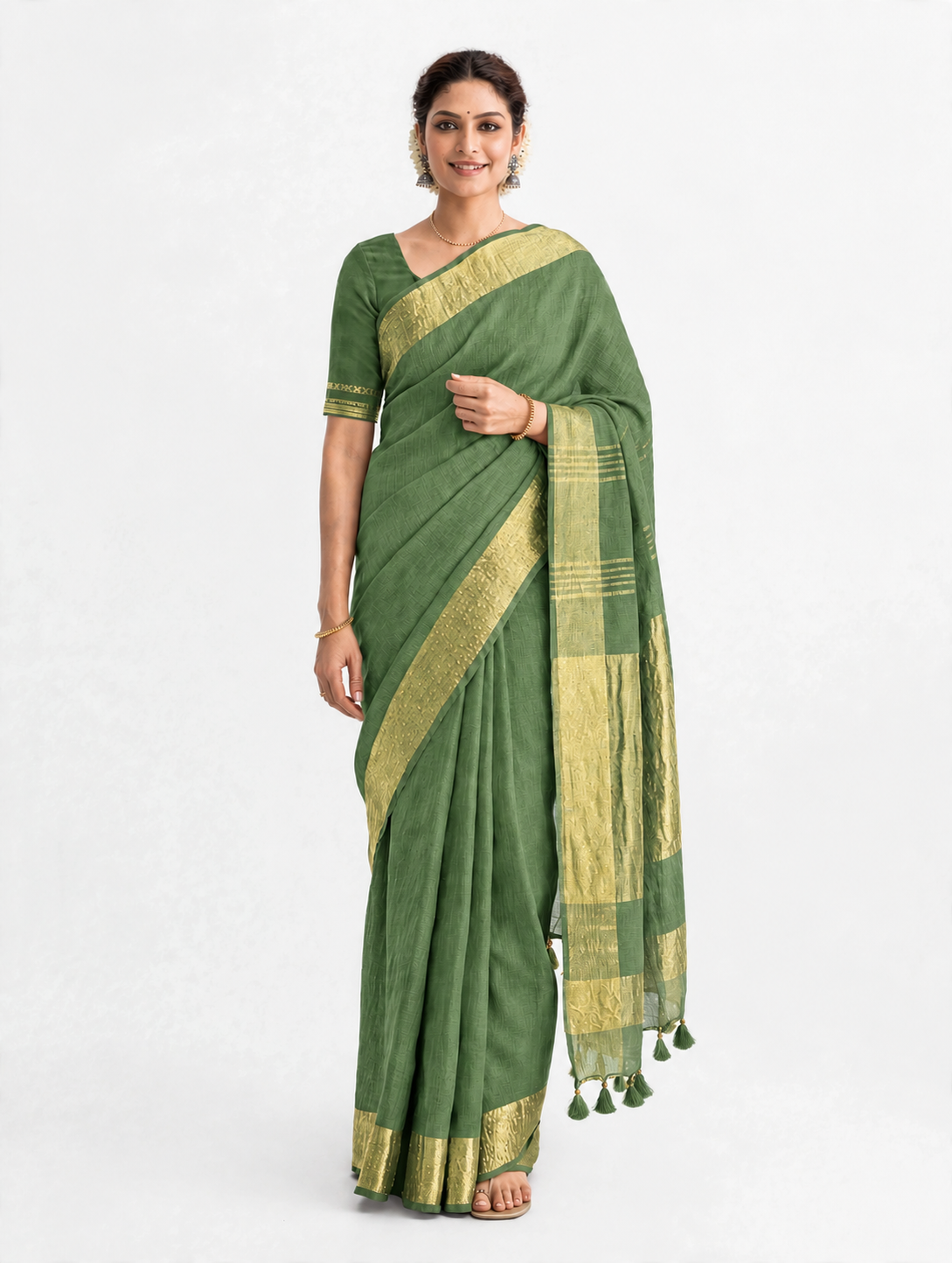 Premium Pure Linen Saree – Olive Green with Gold Zari