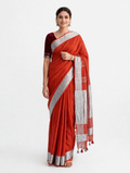 Premium Pure Linen Saree – Red Orange with Silver Zari