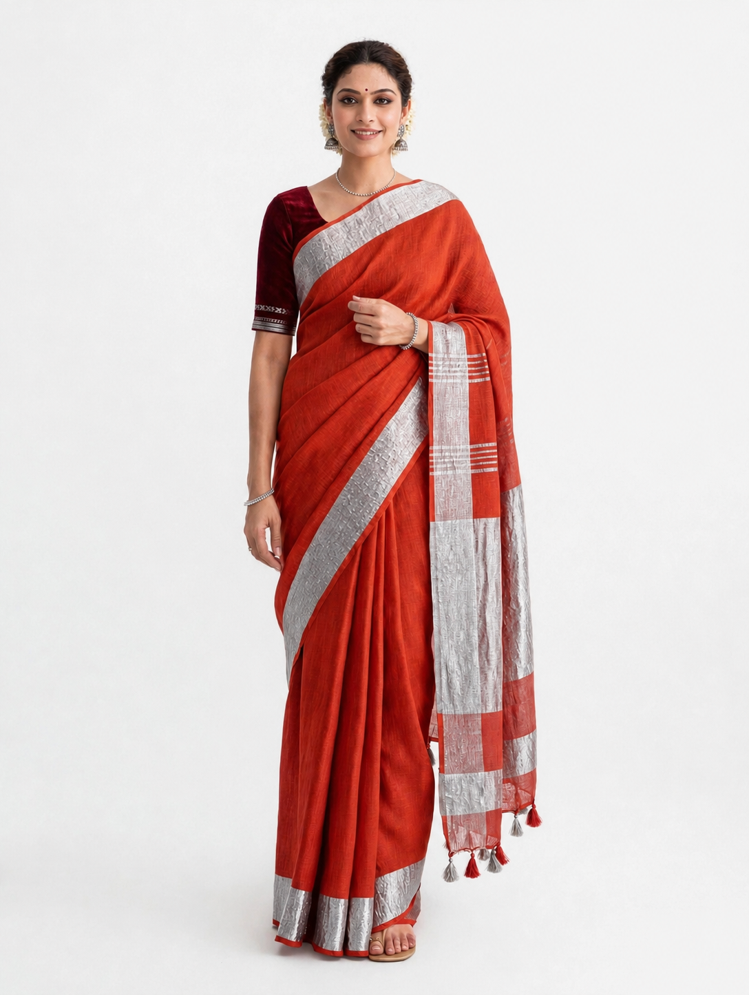 Premium Pure Linen Saree – Red Orange with Silver Zari