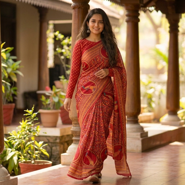 3 - photo 2 Red Pure Chiffon Saree with Artistic Bird Motifs 