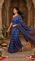 Sky Blue Ajrakh  Block Print Saree