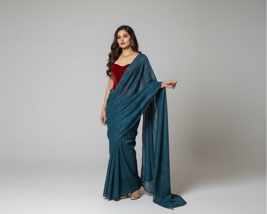 A woman models a dark teal blue saree with a subtle vertical stripe pattern, paired with a deep red velvet sweetheart bodice, in an elegant indoor setting with a patterned rug and warm ambient lighting.