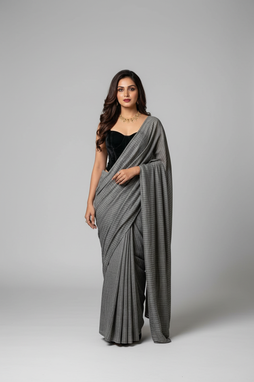 A woman models a gray and black checkered saree with a black velvet sweetheart bodice, standing in a luxurious indoor setting with warm lighting and elegant decor.