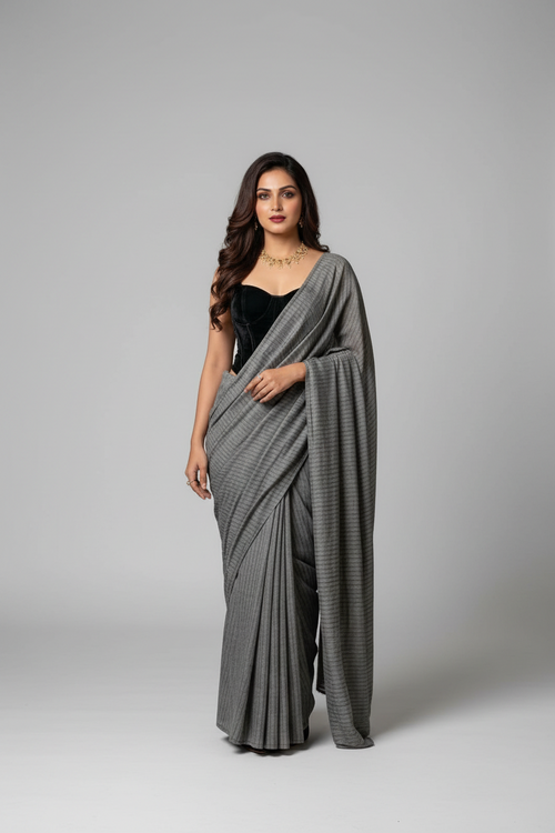 A woman models a gray and black checkered saree with a black velvet sweetheart bodice, standing in a luxurious indoor setting with warm lighting and elegant decor.
