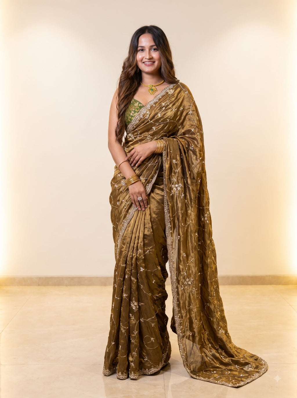 Metallic Antique Bronze Gold Pure Kora Silk Shimmer Saree