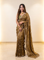 Metallic Antique Bronze Gold Pure Kora Silk Shimmer Saree