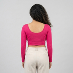 Back - Hot Pink Cotton Lycra Stretchable Full Sleeve U-Neck Readymade Blouse for Saree 