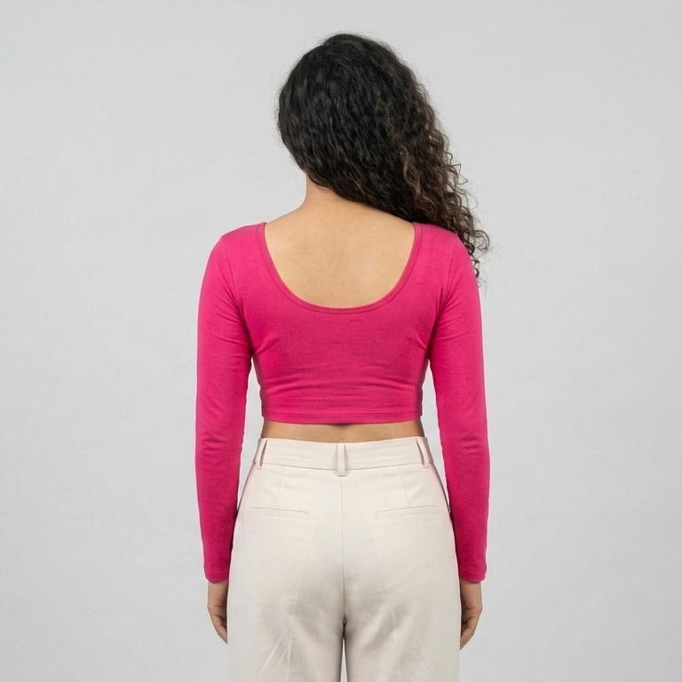 Back - Hot Pink Cotton Lycra Stretchable Full Sleeve U-Neck Readymade Blouse for Saree 