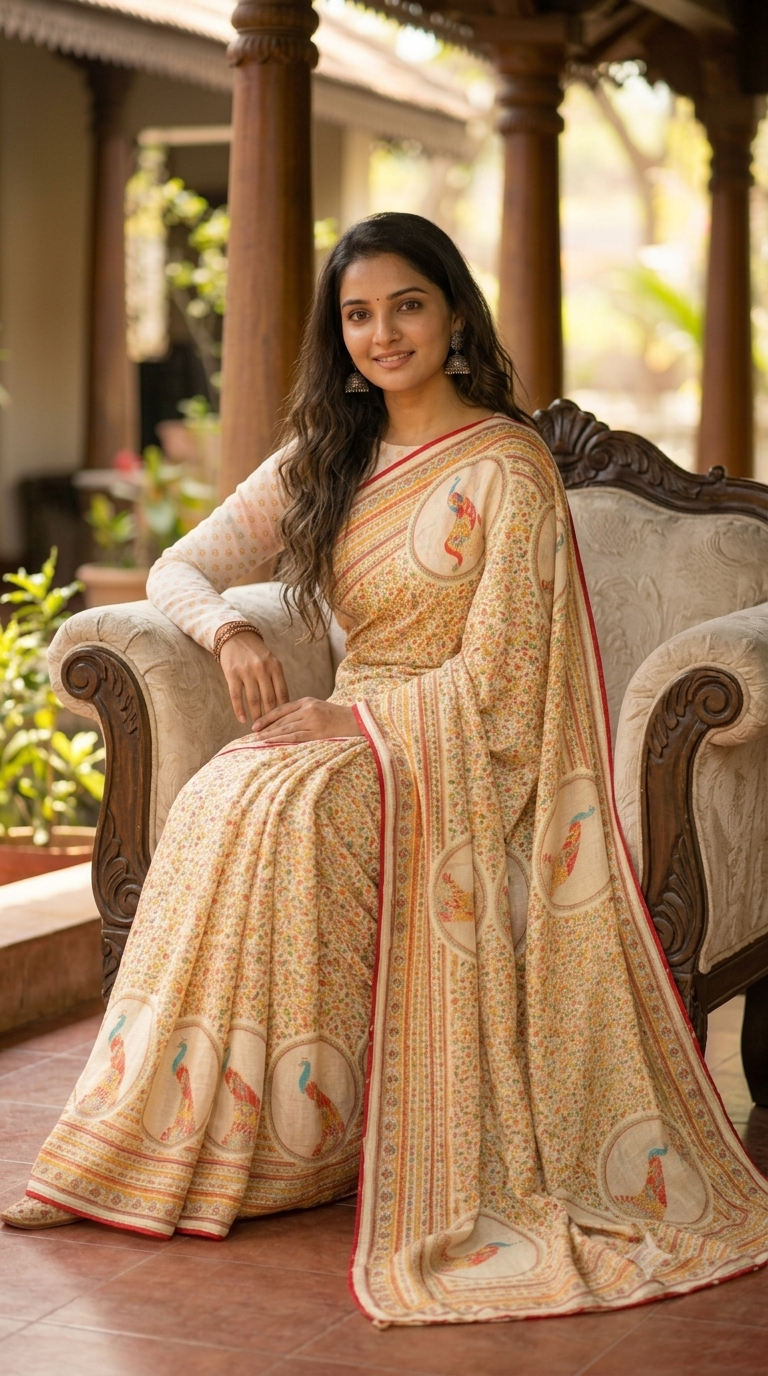 Elegant Ivory Pure Chiffon Saree with Artistic Bird Motifs