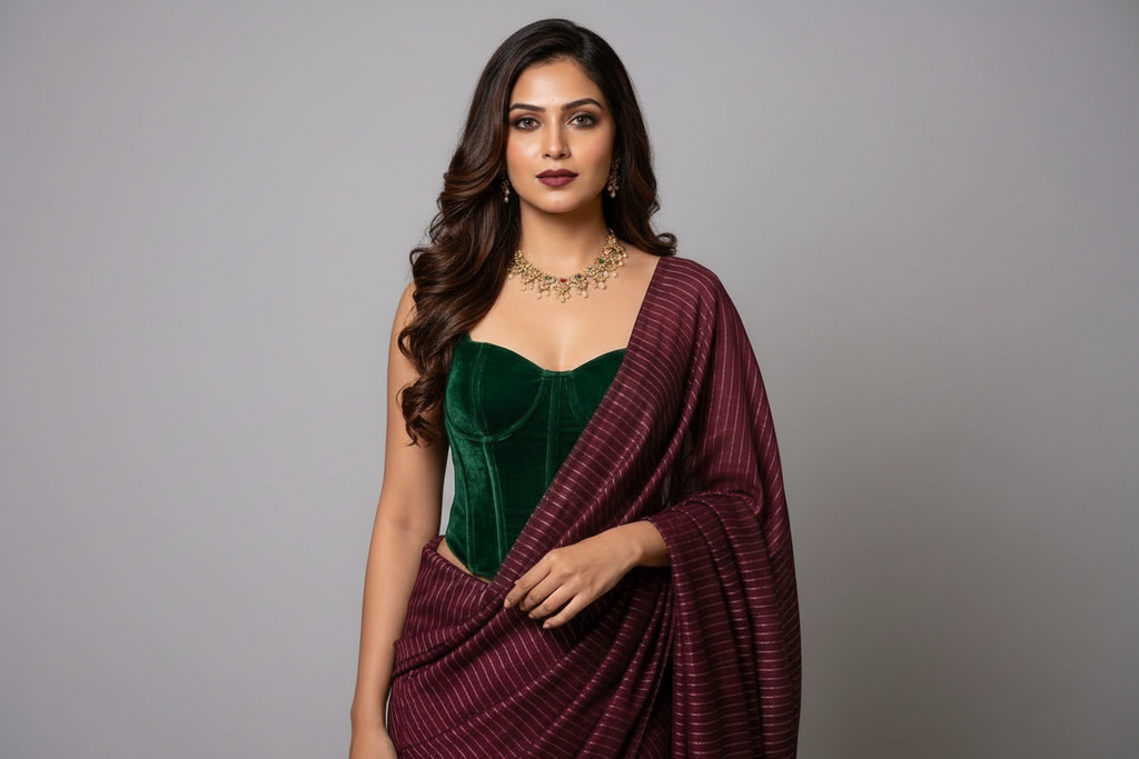 A woman wearing a dark green velvet sweetheart bustle top and a deep purple maroon pinstriped saree, styled with a gold necklace in a warmly lit indoor setting.