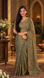 Premium Olive Green Golden Party Wear Saree