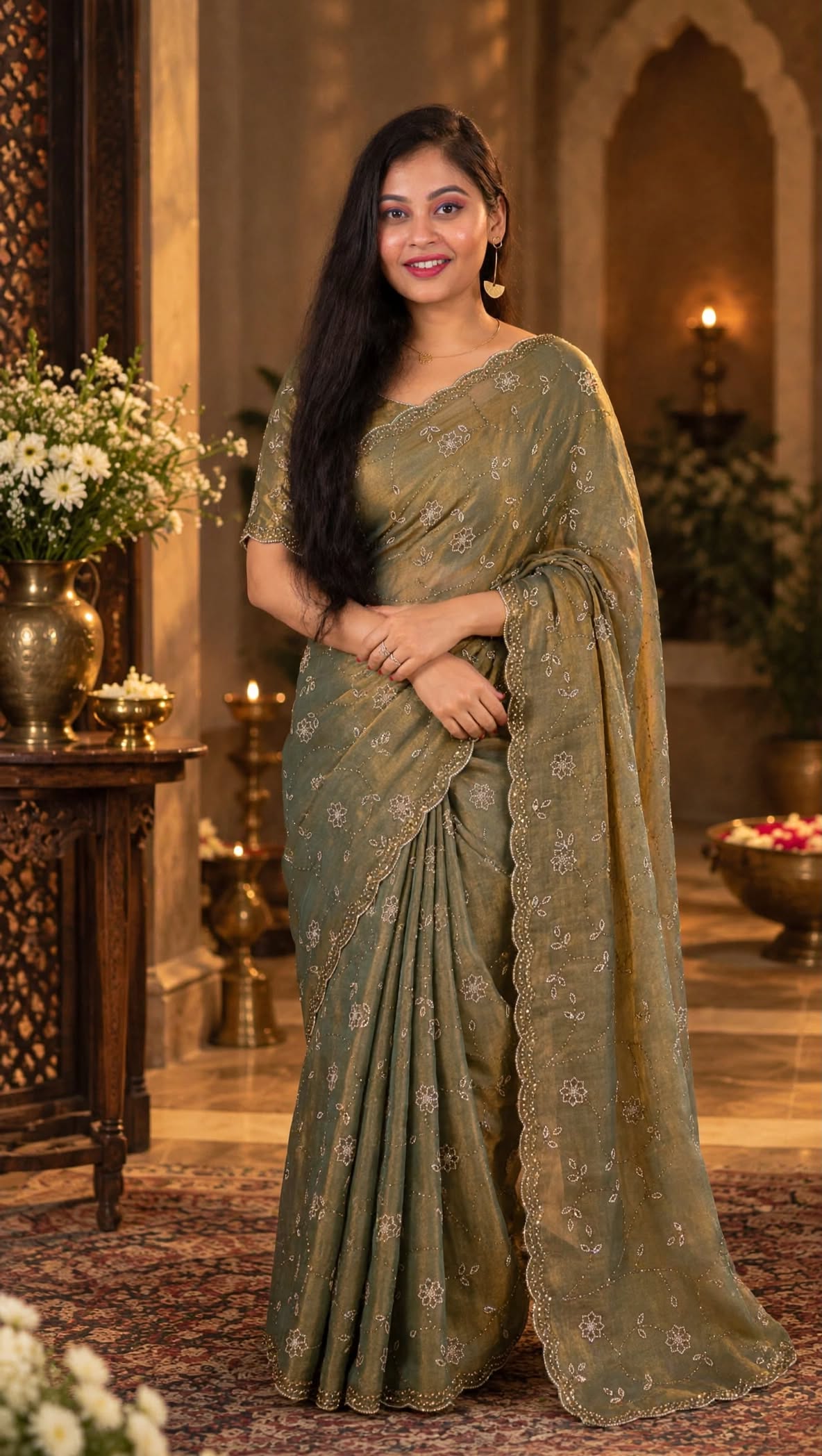 Premium Olive Green Golden Party Wear Saree