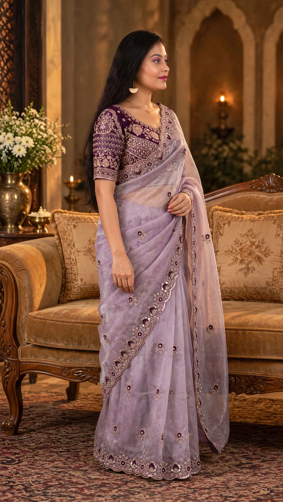 Premium Lavender Tissue Organza Partywear Saree