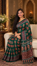Green Ajrakh Block Print Saree