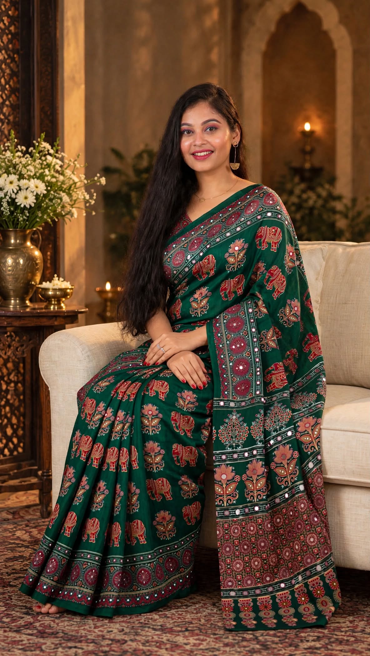 Green Ajrakh Block Print Saree