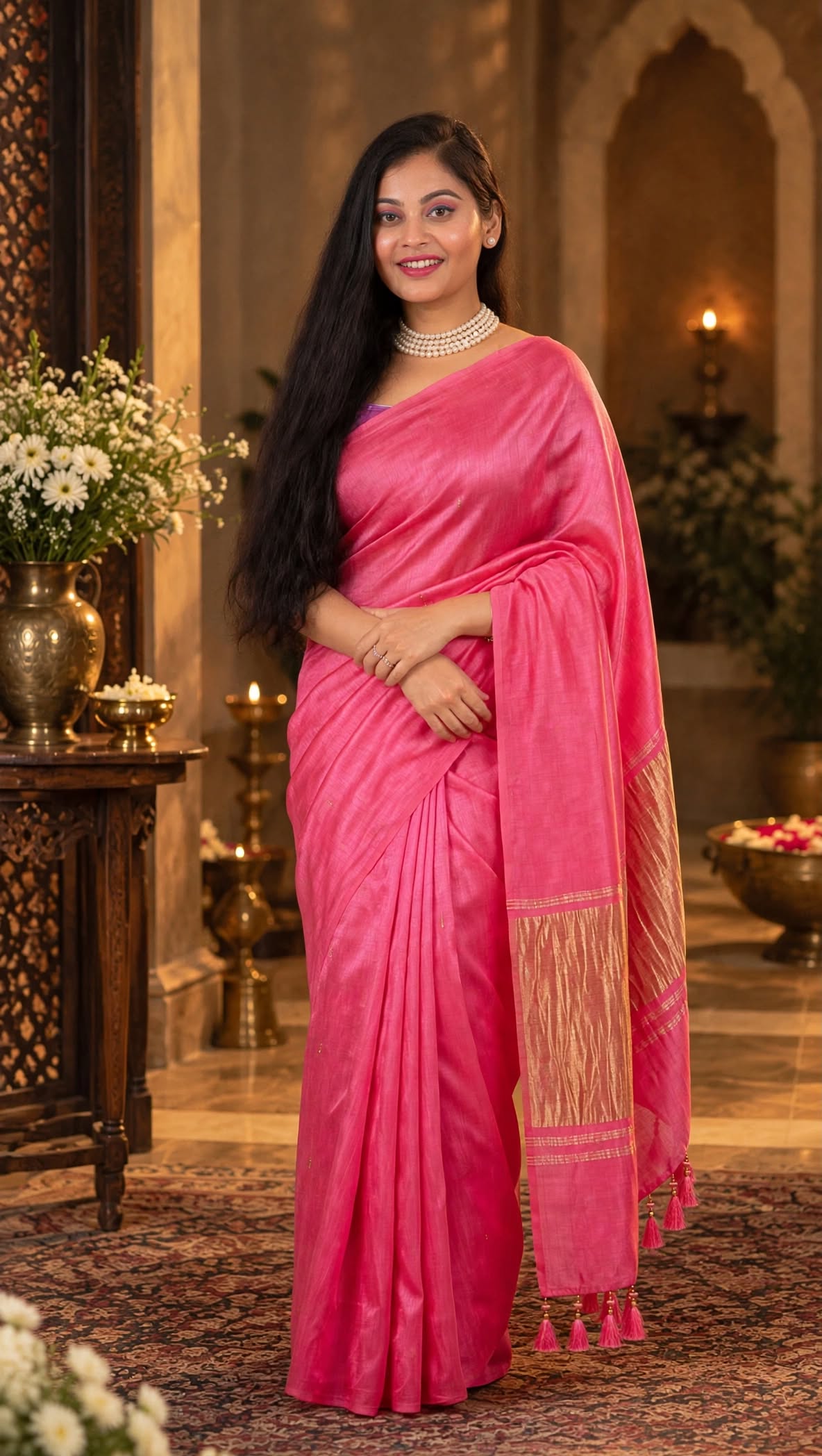 Premium Emerald Rani Pink Gajji Silk
