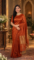 Premium Emerald Rust Orange Gaji Silk Saree