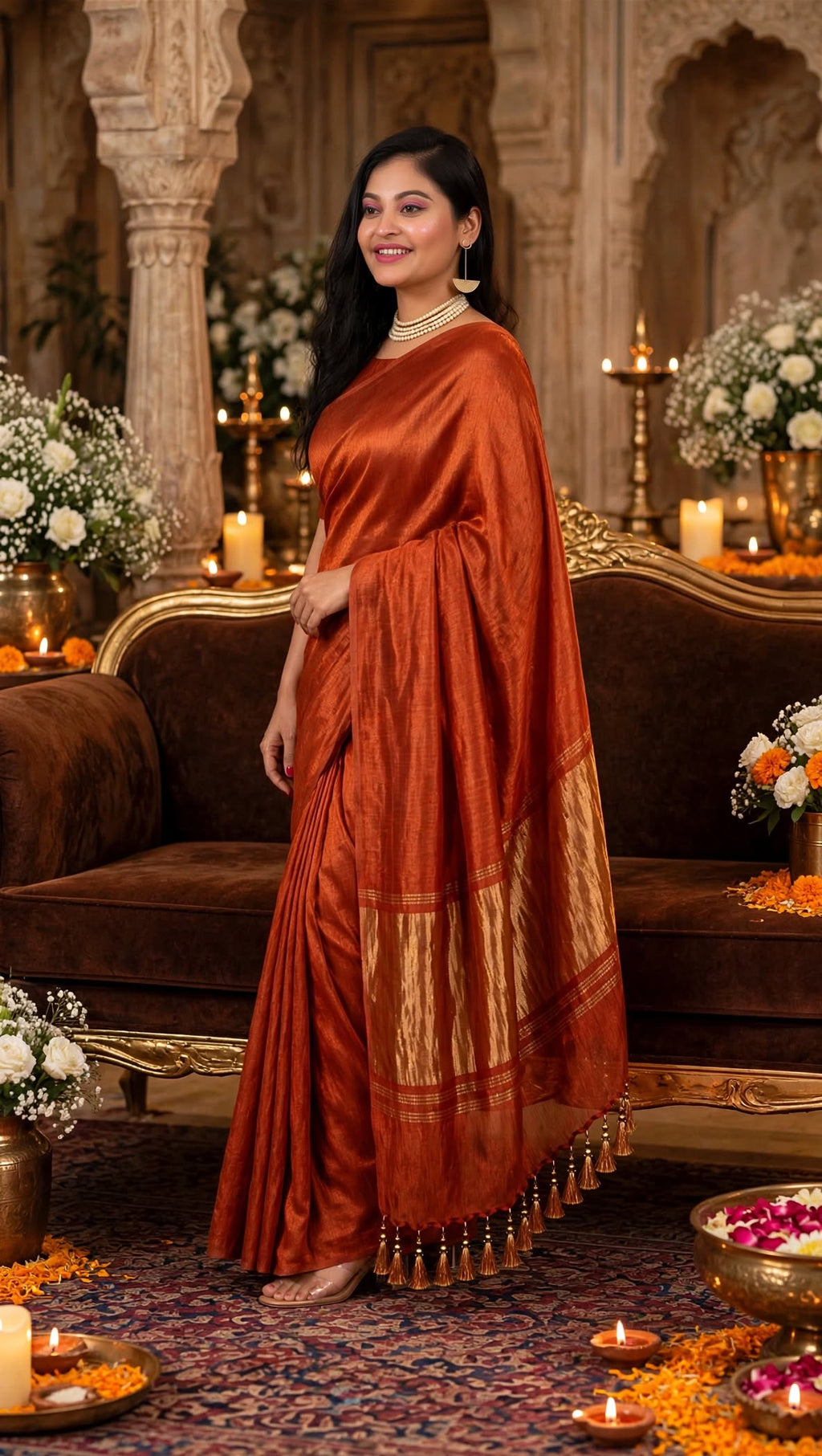 Premium Emerald Rust Orange Gaji Silk Saree