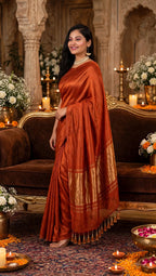 Premium Emerald Rust Orange Gaji Silk Saree