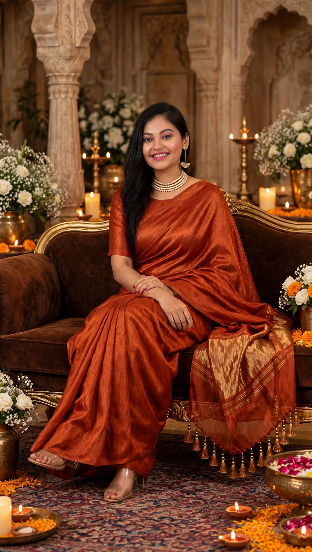 Premium Emerald Rust Orange Gaji Silk Saree