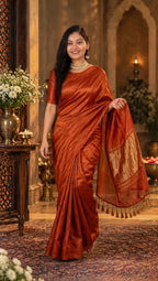 Premium Emerald Rust Orange Gaji Silk Saree