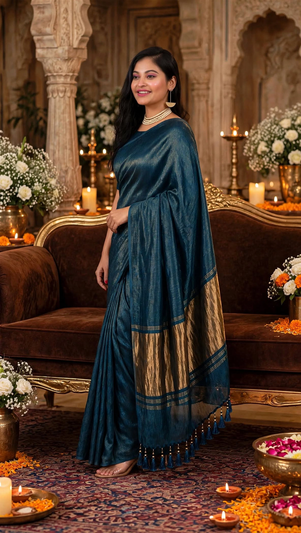 Premium Emerald Deep Peacoke blue Gaji Silk Saree