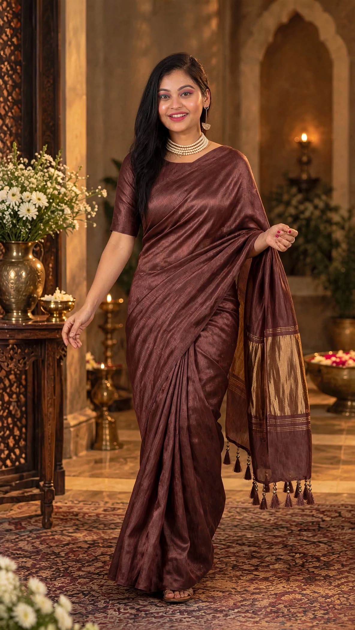 Premium Emerald Deep Rose Brown Gaji Silk Saree