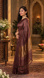 Premium Emerald Deep Rose Brown Gaji Silk Saree