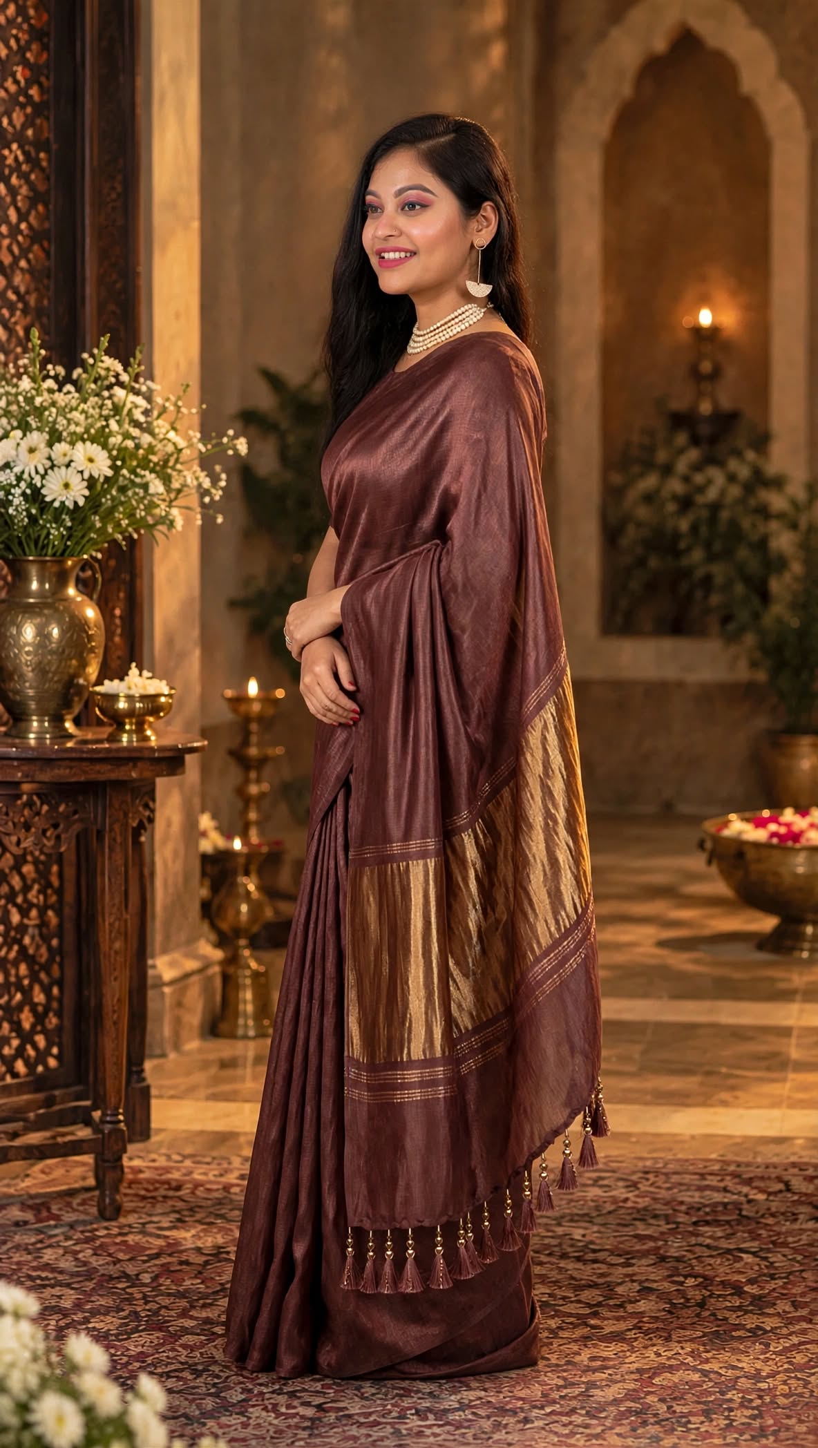 Premium Emerald Deep Rose Brown Gaji Silk Saree