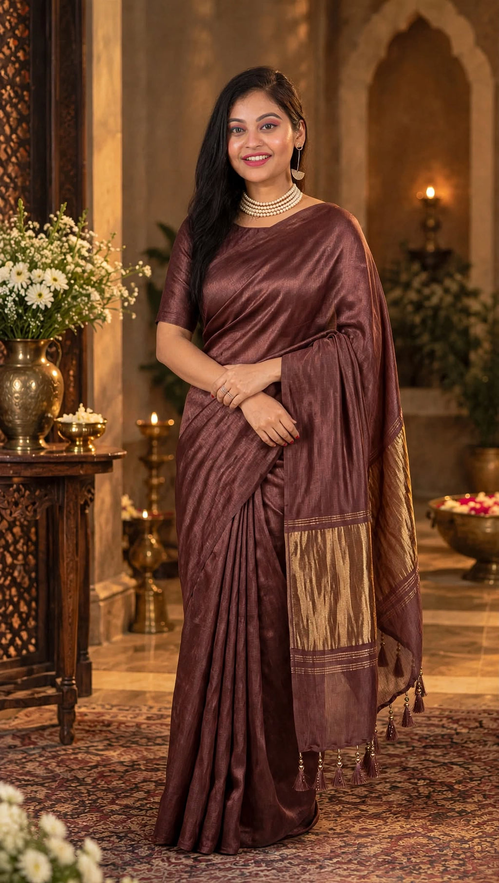 Premium Emerald Deep Rose Brown Gaji Silk Saree