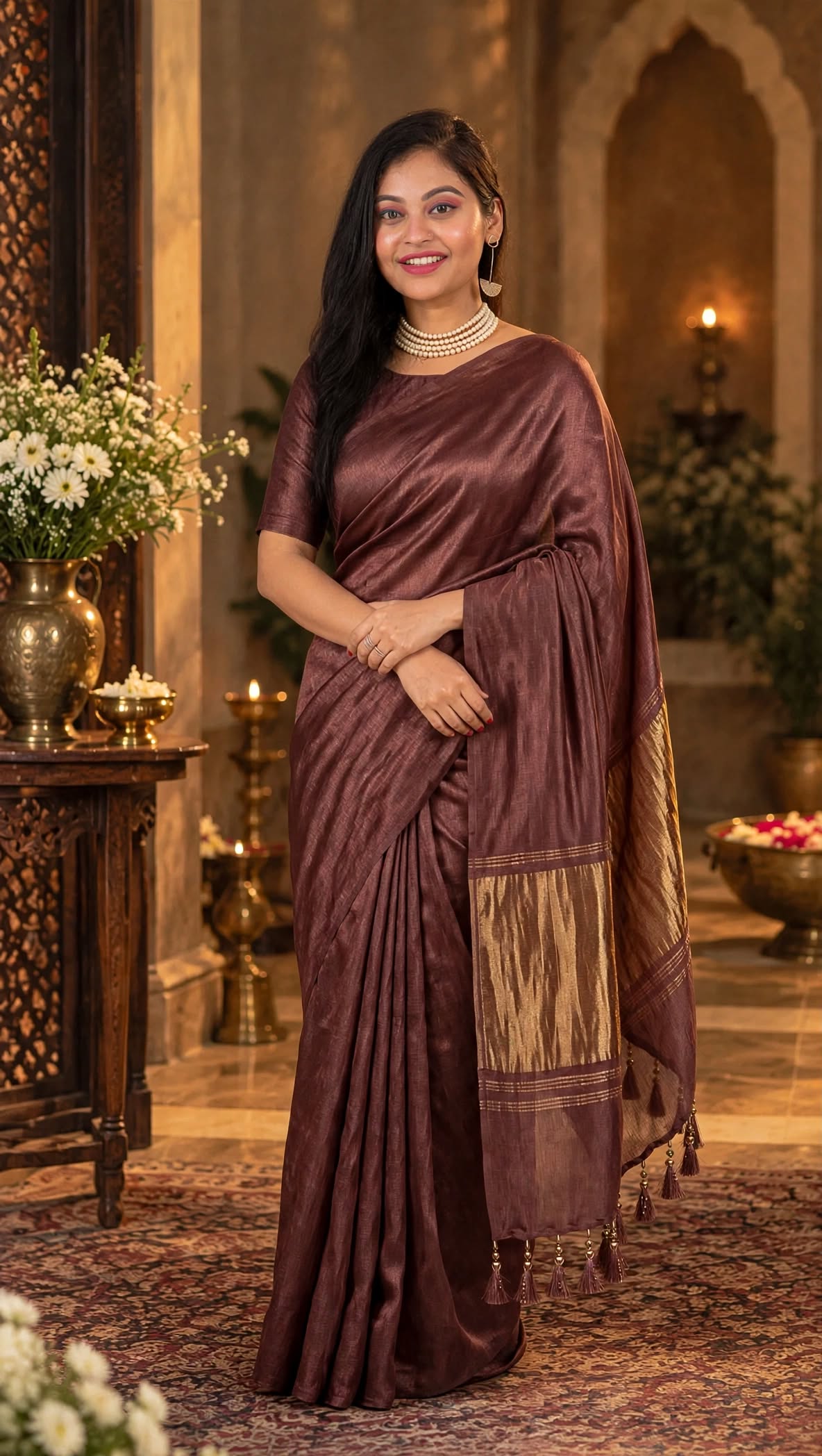 Premium Emerald Deep Rose Brown Gaji Silk Saree