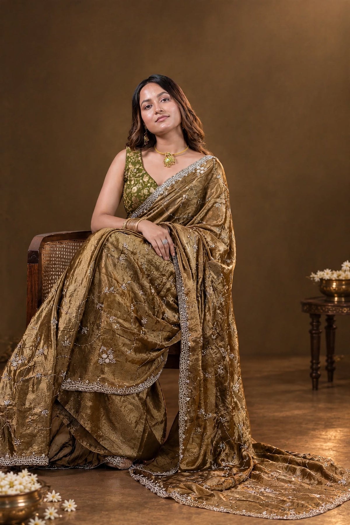 Metallic Antique Bronze Gold Pure Kora Silk Shimmer Saree