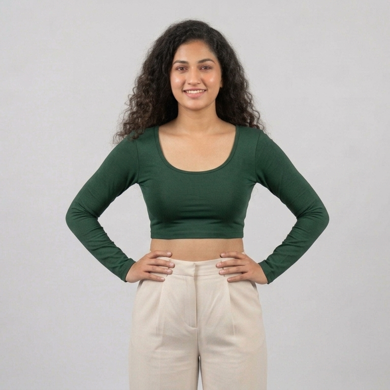 Front side - Dark Green Plain Lycra Blouse