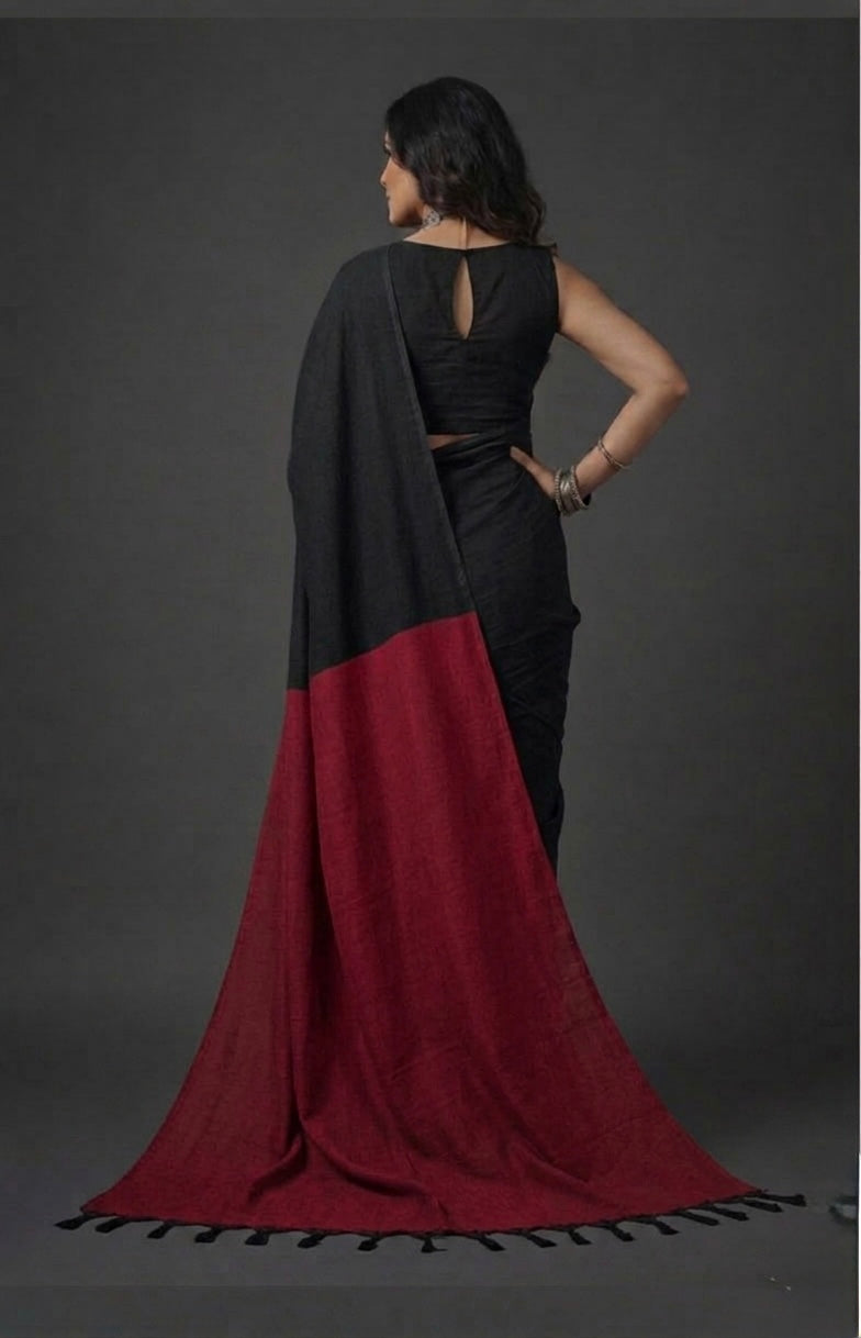 Black Handloom Cotton Saree with Red Contrast Pallu