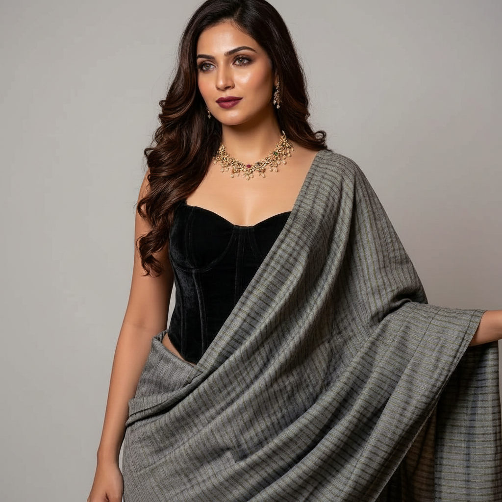 Gray Zari Striped Saree