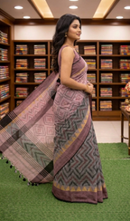 Pastel Pink Linen Cotton Saree with Designer Geometric Patterns