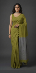 Olive Green Handloom Cotton Saree with Gray Pallu