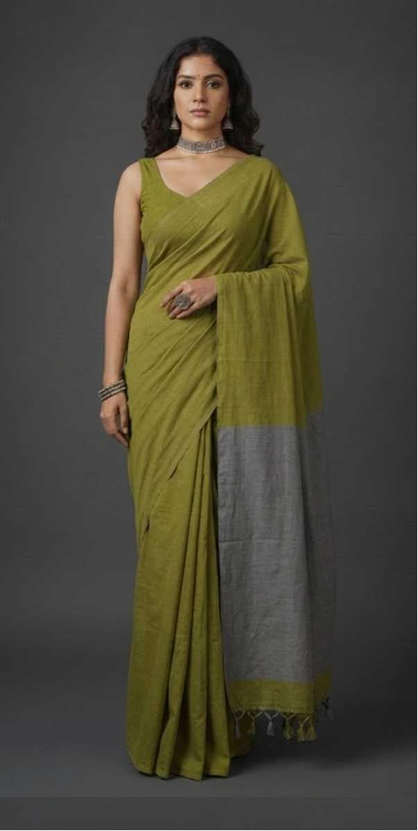 Olive Green Handloom Cotton Saree with Gray Pallu