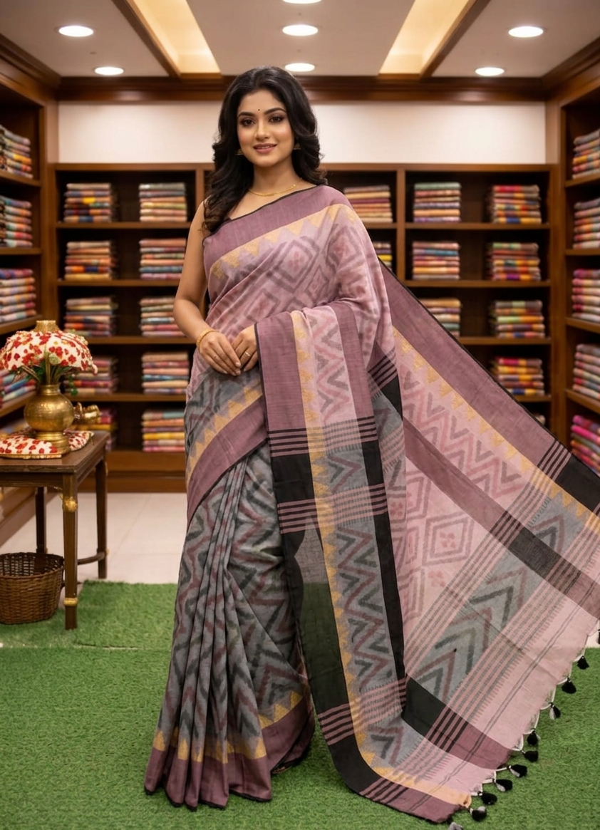 Pastel Pink Linen Cotton Saree with Designer Geometric Patterns