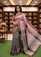 Pastel Pink Linen Cotton Saree with Designer Geometric Patterns