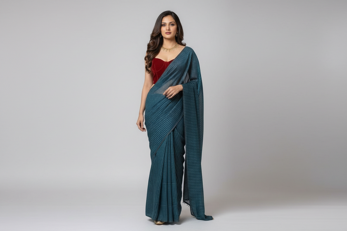 Exquisite Teal Blue Zari Striped Saree