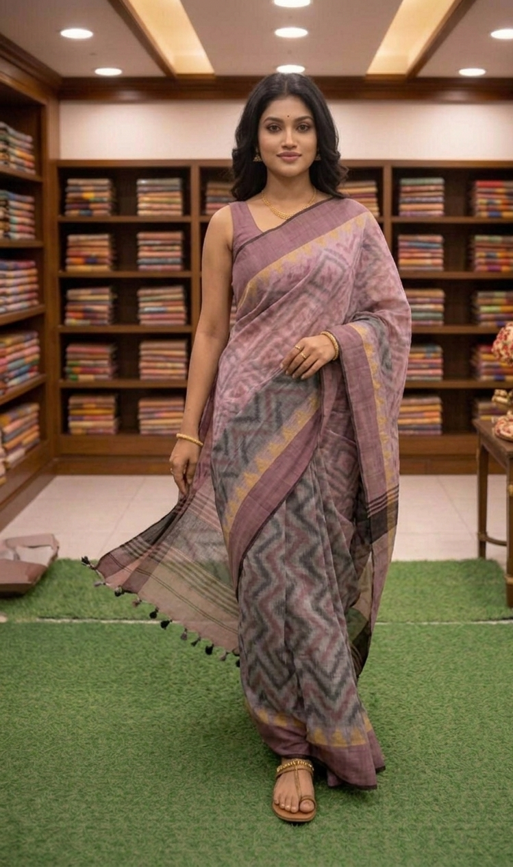 Pastel Pink Linen Cotton Saree with Designer Geometric Patterns
