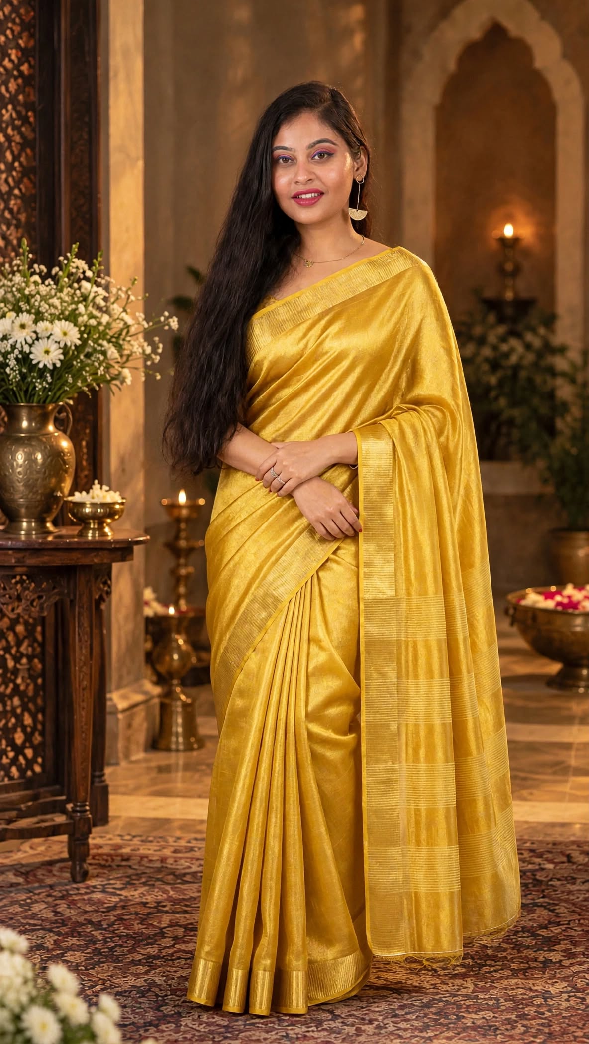 A woman wearing a golden yellow silk saree with a wide border, standing in an ornate indoor setting with warm lighting and traditional decor.